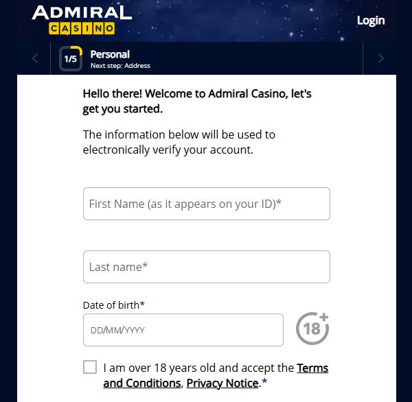 Registriere neues Konto bei Admiral Casino durch persönliche Angaben